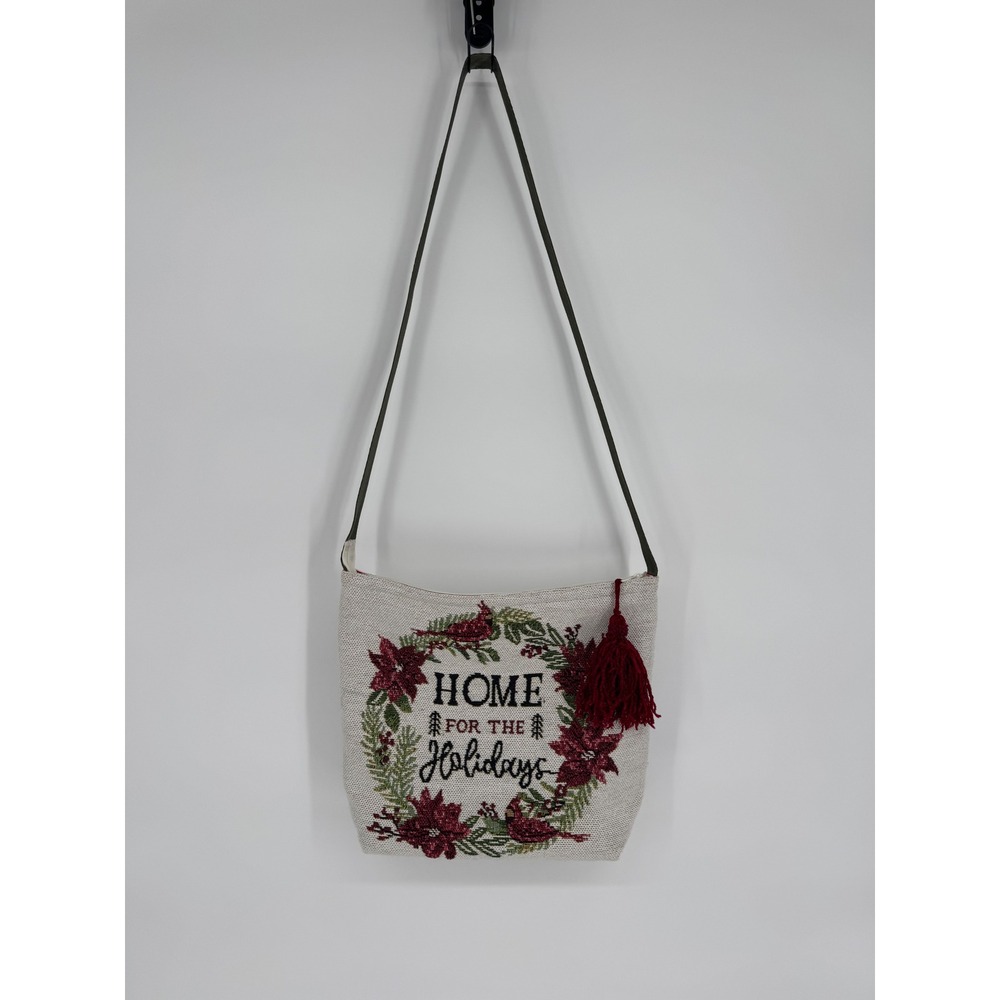 By Lin Home for the Holidays Beige Textured Shoulder Bag with Red Tassel Accent